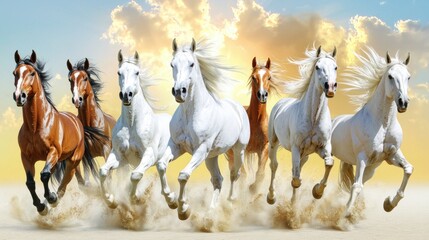 Seven horses galloping in a line, with a backdrop of a cloudy sky and a golden horizon.