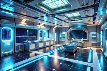Obraz premium Futuristic Laboratory Interior Sleek Metallic Design with Illuminated Panels and Advanced Technology
