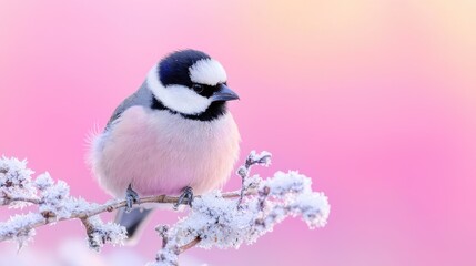 Obraz premium Pink bird winter branch frosty background nature