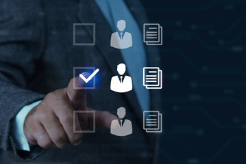 Businessman touch visual screen for resources recruitment employment headhunting concept, Leader project team management, HR human resource