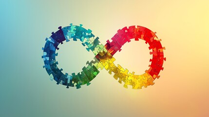 Fototapeta premium A colorful infinity symbol made of puzzle pieces in shades of blue, red, yellow and green against a soft gradient background