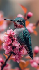 Naklejka premium Colorful Hummingbird Perched on Vibrant Pink Flowers During Golden Hour in Nature