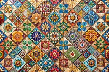 Intricate Diamond-Shaped Mosaic of Vibrant Floral and Geometric Patterns in a Kaleidoscopic Arrangement