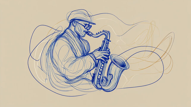 blue line art saxophonist playing jazz music clip art preview