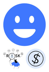 Blue happy face, person inspecting RISK with magnifying glass, dollar sign in circle. Ideal for emotions, risk management, finance, decision-making, analysis, assessment abstract line flat metaphor