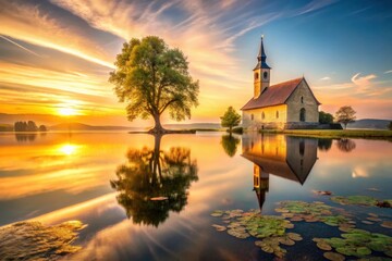 Serene Sunrise over Still Waters Reflecting a Picturesque Church and Solitary Tree