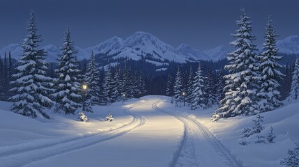 Serene snowscape featuring a tranquil path illuminated by soft light amid towering snow covered firs and distant mountain vista