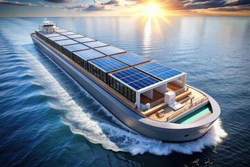 A sleek solar-powered cargo vessel glides across the ocean, its panels gleaming under the setting sun, a symbol of sustainable maritime transport