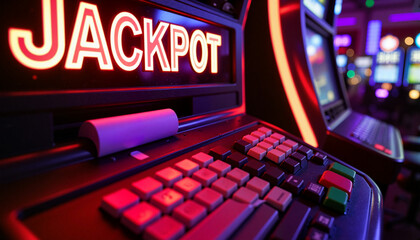 Close-up of cash register with glowing jackpot sign in casino, excitement