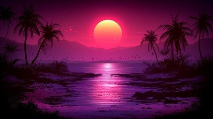 Naklejka premium Pixelated Tropical Escape Synthwave Sunset Over Retro Ocean Horizon Palm Trees and Distant Mountains Serene Vaporwave Aesthetic
