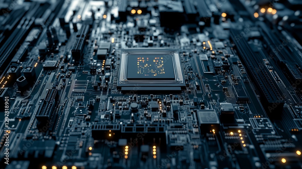 Poster high tech circuit board detailed closeup modern technology digital processor powerful computer hardw