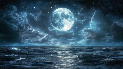 Bright Full Moon Illuminating Calm Ocean Waters at Night