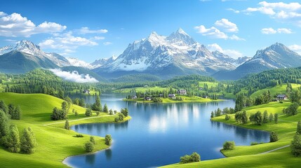 Fototapeta premium Breathtaking mountain panorama landscape view with lake snowy peaks clear sky and lush greenery nature paradise for tourism