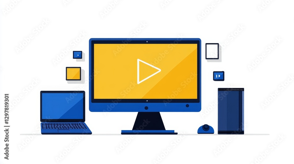 Poster flat design computer network desktop laptop modern technology gadgets communication peripherals disp