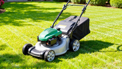 Fototapeta premium Electric lawn mower on green lawn in bright sunlight, gardening efficiency