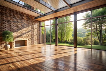 Sunlit Interior Design Spacious Room with Brick Wall, Hardwood Floor, and Expansive Windows Offering a Serene View of Lush Greenery