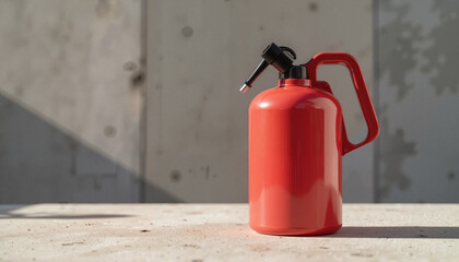 Red gasoline canister on concrete surface in soft lighting, fuel safety