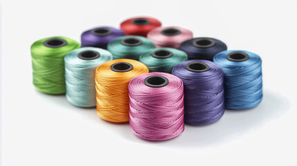 Close-up of vibrant spools of sewing thread in a variety of colors, neatly arranged on a white background
