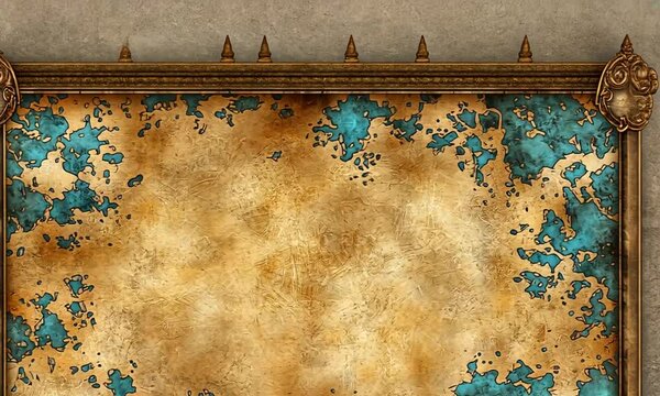 Ornate antique map framed against a plain textured wall provides visual interest and design element