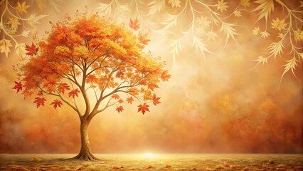 Autumnal tree in a misty golden landscape, bathed in the warm glow of the setting sun, surrounded by delicate foliage
