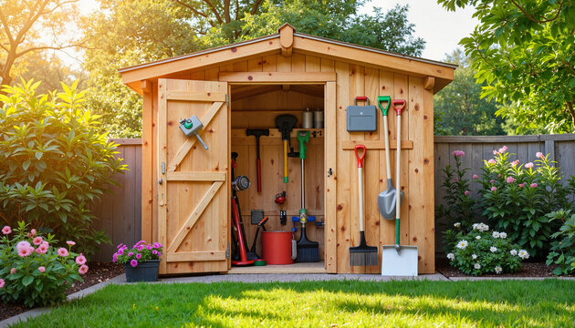 Wooden shed with gardening tools on display, afternoon warmth