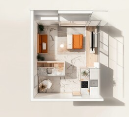 Modern Studio Apartment Layout, Top View, Natural Light, Minimalist Design