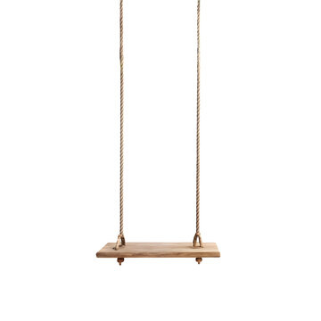 Classic Wooden Swing Hanging from Thick Ropes in a Tranquil Garden, PNG file for mock-up.