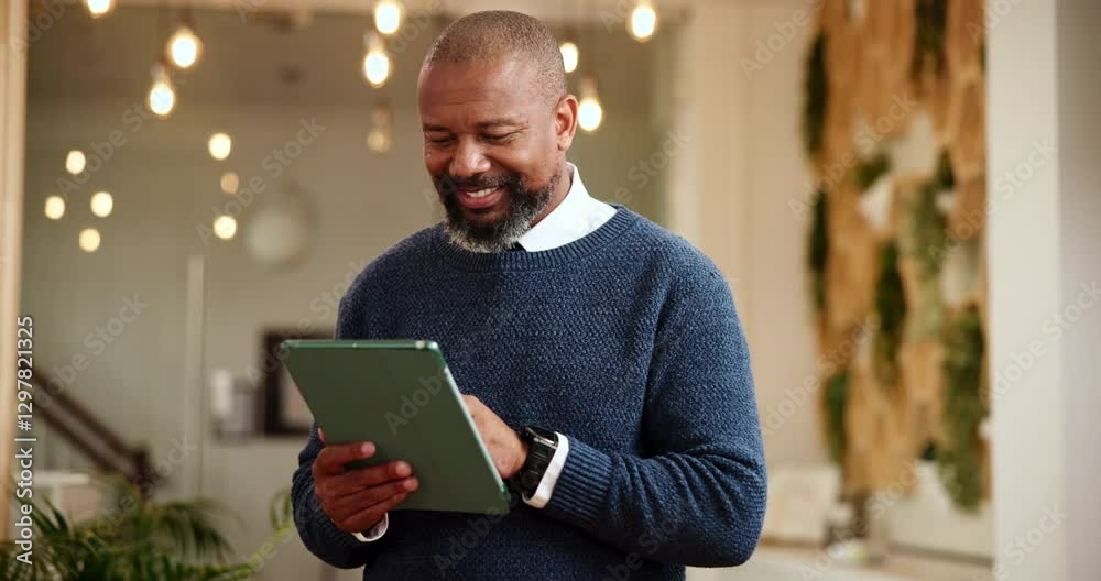 Poster office, black man and happy with tablet for web designer, software update and scroll for information