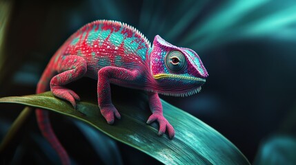 Fototapeta premium A chameleon adjusts its colors on a leafy branch, with the vibrant transformation captured through macro photography