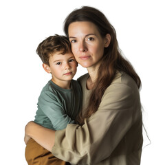 Woman with long brown hair, wearing simple attire, holding her son in her arms against isolated transparent background.