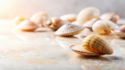 Seashells on a Reflective Surface A Collection of Coastal Treasures Glistening in Soft Light