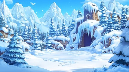 Charming cartoon winter landscape frozen snowy mountains trees and iced rock formation in tranquil scene with cold bright environment