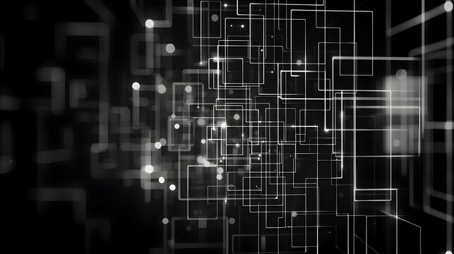 Abstract Digital Network Visualization With Geometric Lines And Bright White Lights Against Black Background