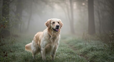 Golden retriever standing in a misty forest, surrounded by lush greenery, enjoying the serene atmosphere - white golden retriever