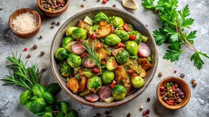 Aromatic Roasted Brussels Sprouts with Crispy Croutons and Herbs in a Rustic Bowl