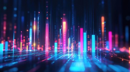 An artistic representation of a D bar chart with glowing bars and dynamic lighting effects, emphasizing the data visualization in a futuristic style.