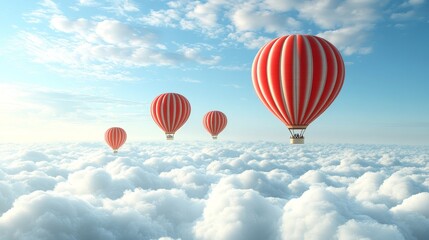 Naklejka premium Hot air balloons soaring over cumulus clouds scenic journey towards new horizons adventure and travel freedom of flight inspiration