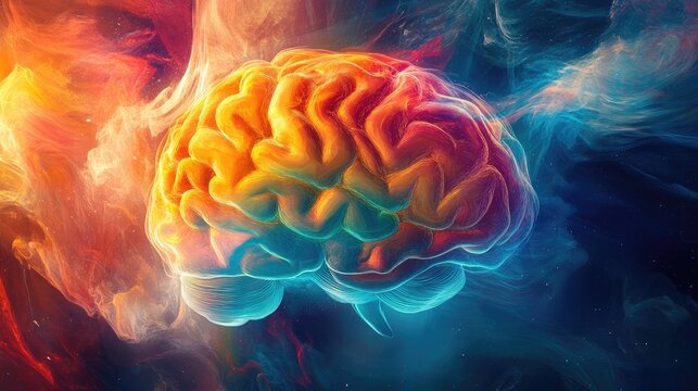 An abstract representation of a brain with vibrant, swirling colors and shapes, illustrating the flow of innovative ideas and creative thinking.