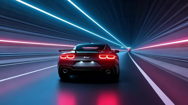 A sleek car races through a vibrant, illuminated tunnel, showcasing speed and dynamic visuals in a futuristic setting.