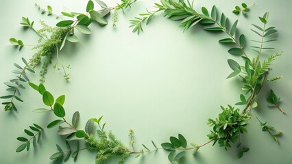 A serene arrangement of verdant foliage creating a circular frame against a pastel green backdrop, ideal for showcasing your message or design.