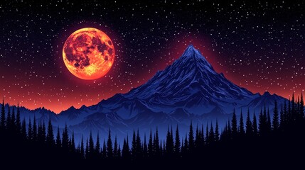 Fototapeta premium Pixelated mystic mountain landscape against starry night sky with an orange moon retro gaming vibe aesthetic wallpaper