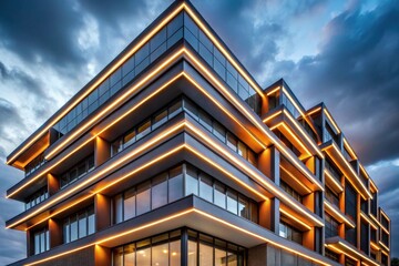Fototapeta premium Illuminated Modern Architectural Design Featuring Warm Lighting Accents on a Multi-Story Building at Dusk