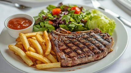 A beautifully presented steak dinner featuring a grilled ribeye steak with a side of crispy fries and a fresh salad, arranged on a white tablecloth.