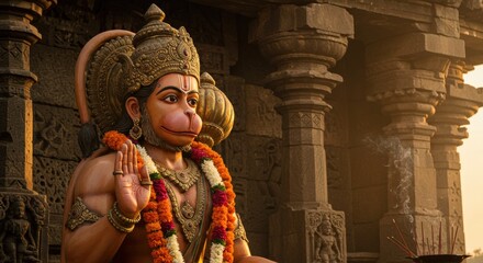 Spiritual Hanuman figure surrounded by incense and carvings