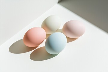Three pastel-colored eggs in beige, pink, and blue are arranged on a white surface, casting soft shadows in a minimalist composition.