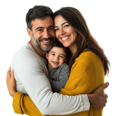 Happy family of three father with black hair and beard mother in yellow sweater holding their son on her lap and smiling at camera isolated transparent background
