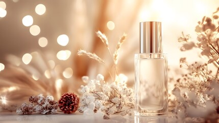 Timeless Fragrance: A meticulously arranged perfume bottle sits amidst soft, blurred bokeh, evoking an aura of elegance and subtle refinement.