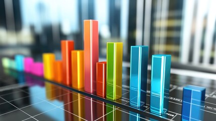 Obraz premium A close-up of a printed bar graph with colorful segments, highlighting financial performance and business metrics in a conference room setting.