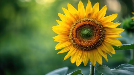 Obraz premium A close-up of a single sunflower with its bright yellow petals and intricate details of its seeds and center, set against a soft, blurred green backdrop.