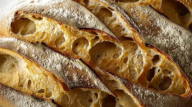 Close-up view of freshly baked artisanal bread showcasing its crust and airy texture